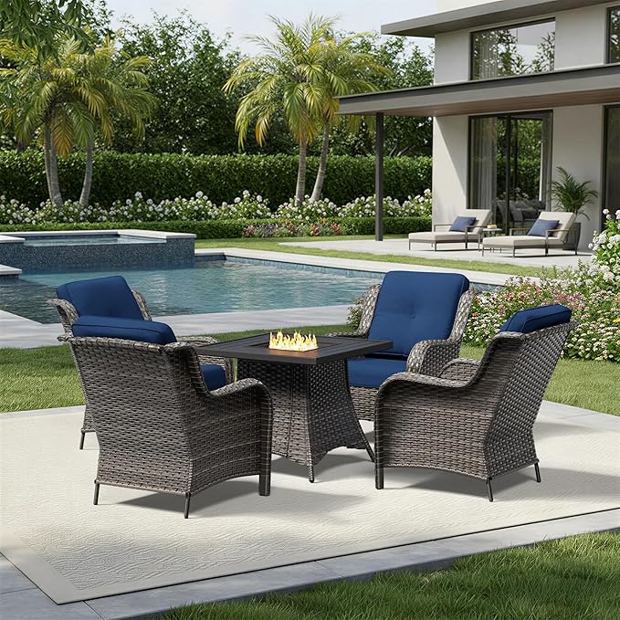 Joyside 5 Piece Wicker Patio Furniture Set with Fire Pit Table, Rattan Patio Chairs with High Back, Deep Seating, Wide Armrest, Thickened Cushions, Outdoor Furniture for Deck, Porch Use