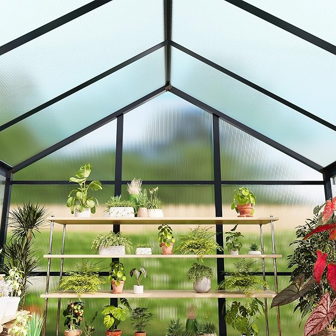 6x8 FT Greenhouse, Polycarbonate Walk-in Greenhouse for Outdoors with Roof Vent & Lockable Smooth-Gliding Sliding Door, Heavy-Duty Aluminum Green House for Garden, Backyard, Patio, Lawn, Dark Grey