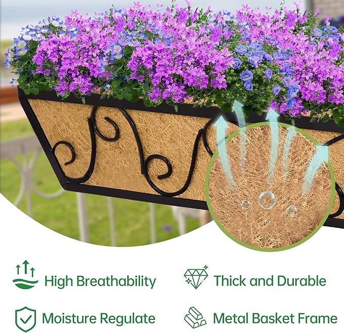 Y&M 24 Inch Window Deck with Coco Liner, Fence Metal Hanging Flower Planter Window Basket Deck Railing Planter Boxes for Outdoor Garden Lawn-Butterfly,6pcs