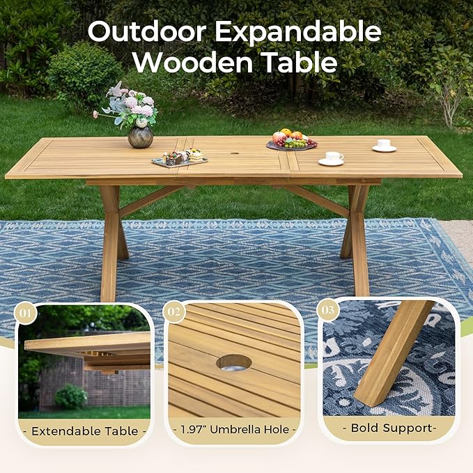 Acacia Wood Outdoor Dining Set, 9 Pieces Patio Dining Table and Chairs Set, Expandable Dining Table(1.97" Umbrella Hole) and 8 Wooden Chairs, Patio Furniture Set for Deck Poolside Backyard