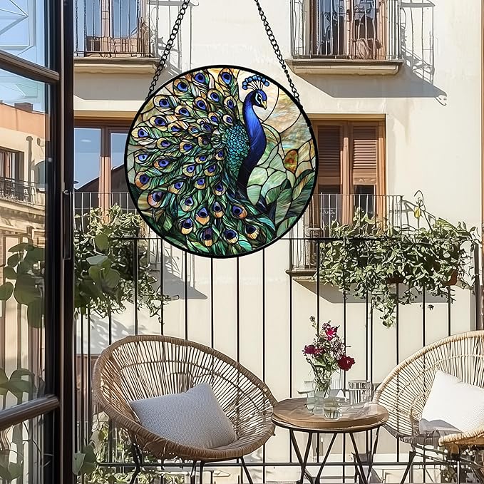 DASTOLL Stained Glass Window Hanging, Blue Green Peacock Decor Suncatcher for Door Garden Home Decoration Bird Sun Catchers Christmas Mother's Day Birthday Gifts for Women Men Mom Nana Friend 11.8 in