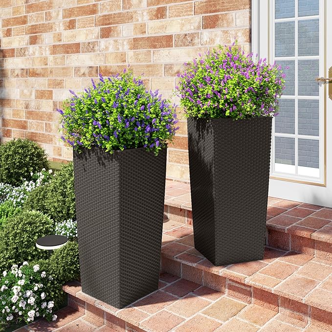 Vigo huseeo 23in Tall Planter Set of 2, Large Self Watering Pots for Indoor/Outdoor Plants with Drain Holes, Water Level Monitor, Inner Bucket for Front Porch Patio, Brown Rattan