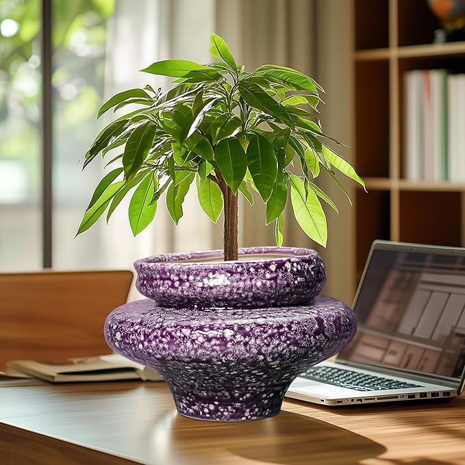 Teagas Ceramic Planters - 11 Inch Ceramic Pots for Plants with Drainage Hole, Decorative Planters for Indoor Outdoor, Unique Flower Pots, Garden Office House Decor, Gifts for Plants Lover, Purple