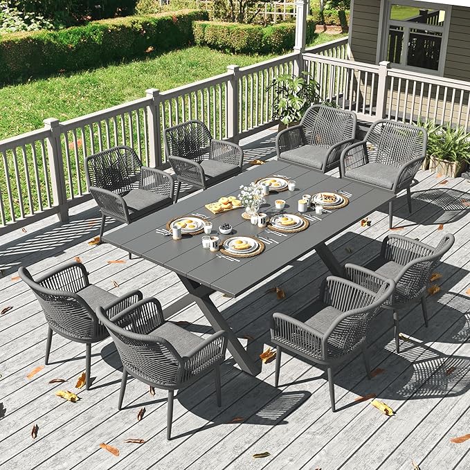 LayinSun Outdoor Dining Set for 8, 9 Pieces Patio Furniture Sets with Aluminum Dining Table and Rope Weave Chairs