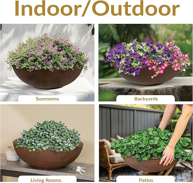 Sunnydaze Percival 20.75" Shallow Outdoor Planter Bowl for Flowers and Succulents - Polyresin Double-Walled Design - Rust - Set of 2