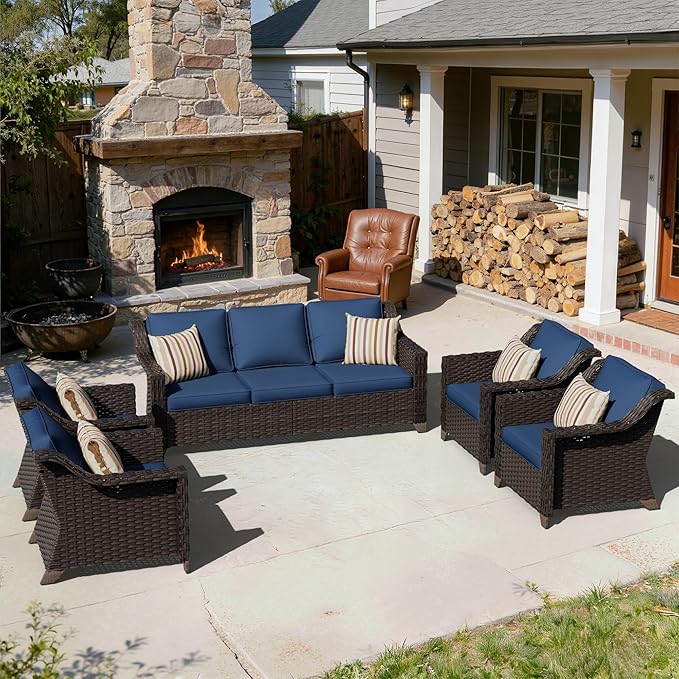 5 Pieces Patio Conversation Furniture Set - 1 Sofa, 4 Armchairs, Outdoor Wicker Furniture with Removable Cushions for Porch, Balcony, Sunroom (Blue)