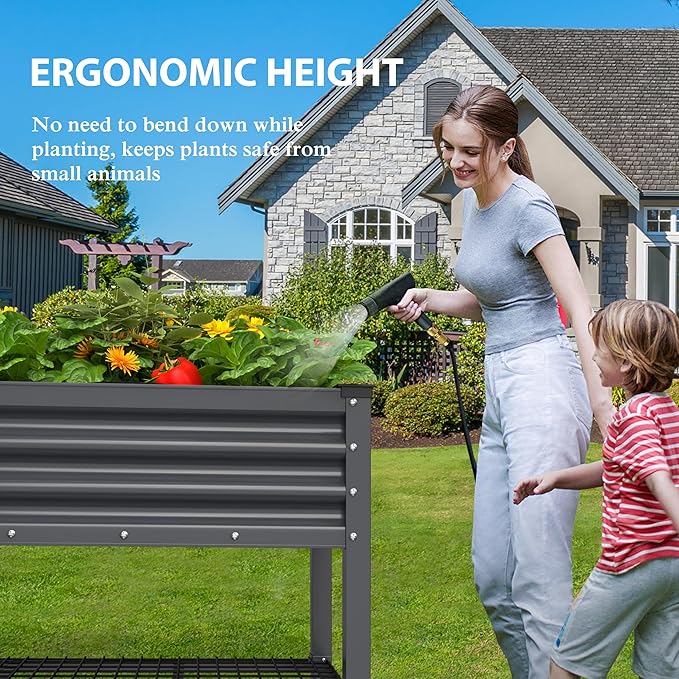 48" W x 24" D x 34" H Galvanized Raised Garden Bed with Lockable Wheels, Raised Garden Beds Outdoor with Drainage Gaps & Shelf, Planter Boxes Outdoor for Backyard, Patio, Balcony, Grey