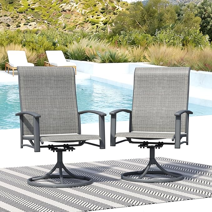Patio Swivel Chairs Set of 2, All-Weather Metal Outdoor Dining Set with Breathable Mesh Seat, Lightweight Gray Swivel Bistro Chairs for Garden, Deck, Porch - Cool & Comfortable Relaxation