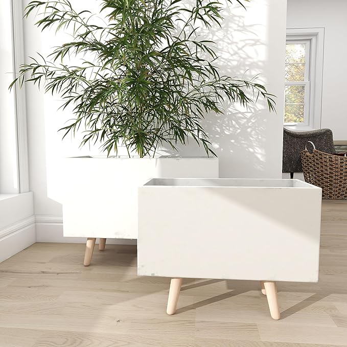 Deco 79 Fiberclay Ceramic Indoor Outdoor Planter Rectangular Large Planter Pot with Brown Wooden Legs, Set of 2 Planters 21", 17"W, White