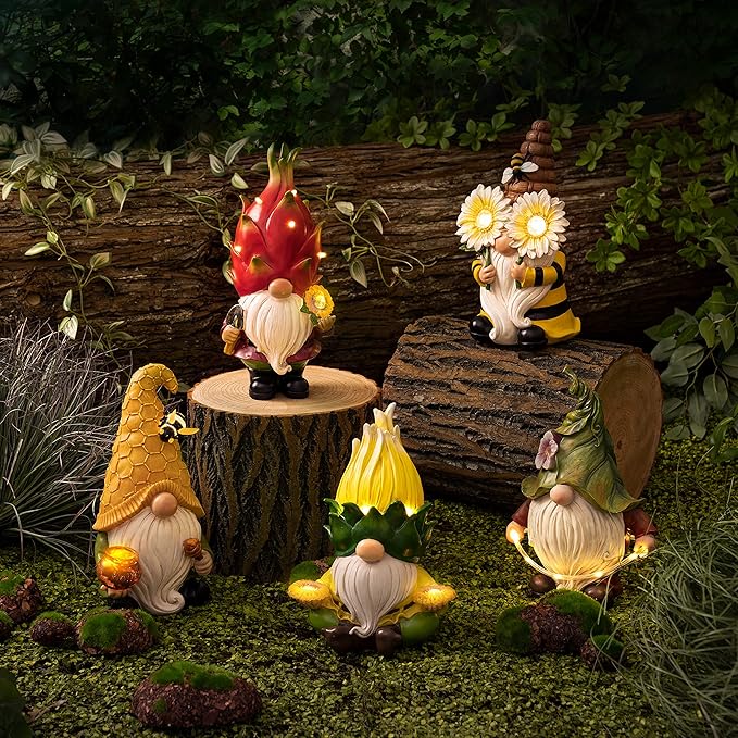 LA Jolie Muse 11.7'' Solar Gnomes Garden Statues-Resin Bee Gnomes Figurine Sunflower Decor with Solar LED Lights for Outdoor Gnomes Decorations for Yard Patio Lawn Porch, Garden Gifts for Mom