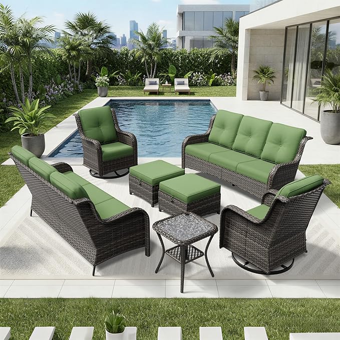Joyside 7 Piece Wicker Patio Furniture Set, Outdoor Swivel Rocker Patio Chairs with High Back, Deep Seating, Wide Armrest, Thickened Cushions, Outdoor Furniture for Deck, Porch Use