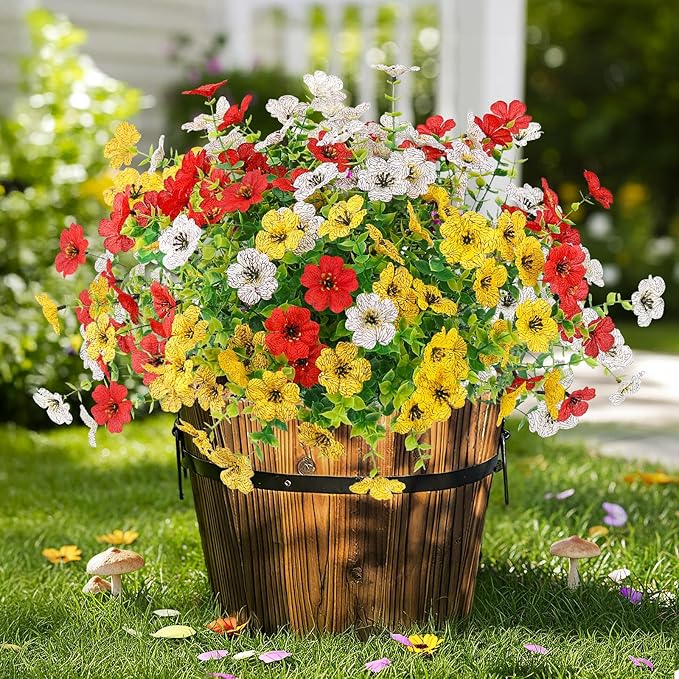 Artificial Spring Flowers Outdoors Faux Plants UV Resistant Plastic Flowers Outdoors Fake Greenery Plants Outside for Garden Porch Planters Silk Flowers Daisy Decor, 12 Bundles (Mix White Yellow Red)