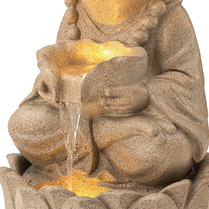 Glitzhome 2-Tiered Zen-Style Frog Polyresin Outdoor Fountain with Pump and LED Light, 21.75" H, Sand Beige