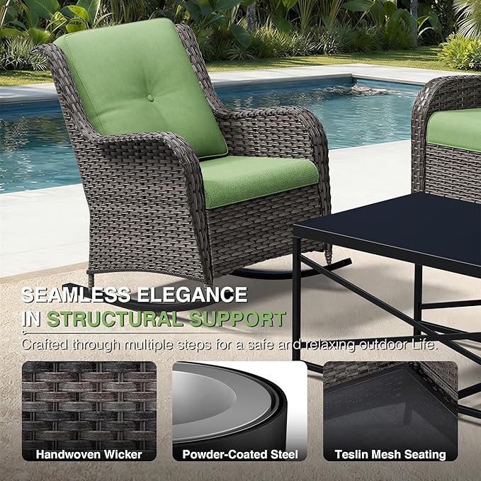 Joyside 3 Piece Wicker Patio Furniture Set, Outdoor Rocking Chair with High Back, Deep Seating, Wide Armrest, Thickened Cushions, Outdoor Rattan Furniture for Deck, Porch Use