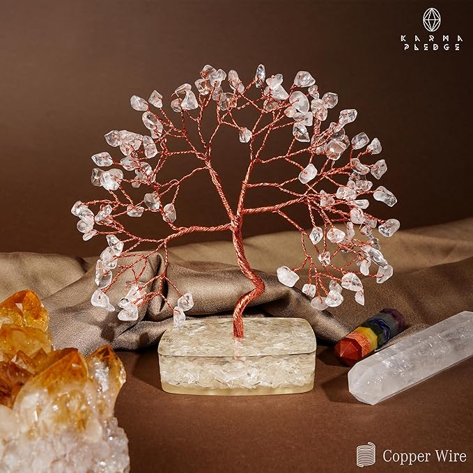 Clear Quartz Crystal Tree of Life Spiritual gifts for Women, 7 Chakra Reiki Healing Crystals for Positive Energy & Good Luck, Money Bonsai Trees, Handmade Feng Shui Home and Office Decoration