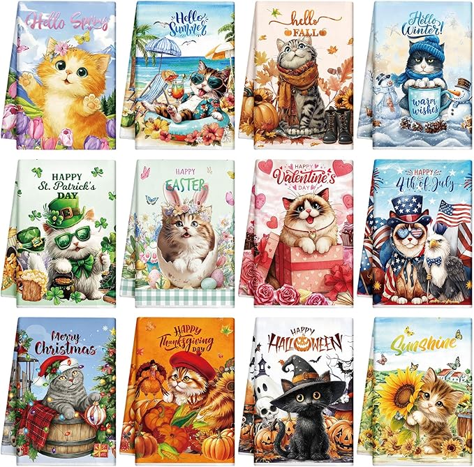 Peryiter 12 Pcs Seasonal Kitchen Towels Set for All Holidays, Seasonal Hand Dish Tea Towels Bulk Valentine's Day Absorbent Dishcloths Housewarming Gift for Cooking Kitchen Bathroom(Cute Cat)