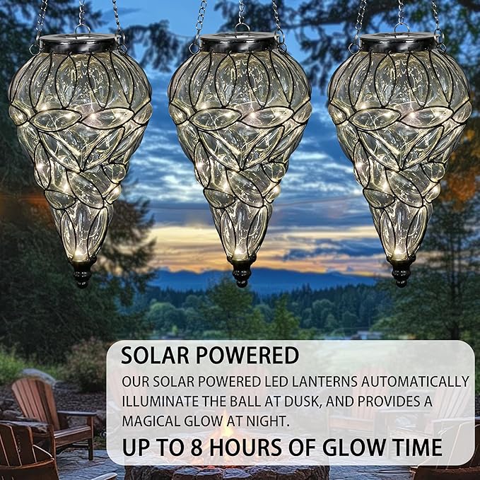 Naboher Solar Hanging Lantern Outdoor Garden Lights, Tear-Shaped Glass and Metal Hanging Lantern, 15 Firefly LED Lights, 7 x 24 Inch (Clear)