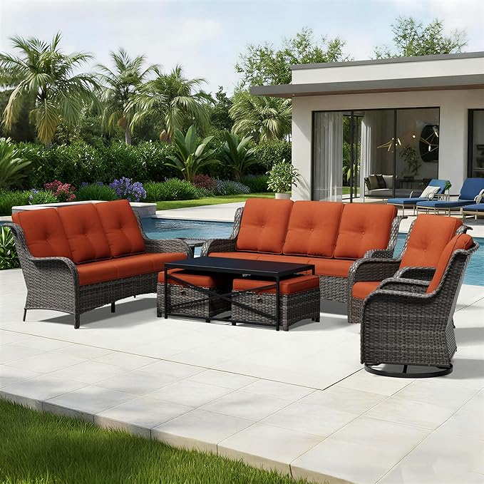 Joyside 8 Piece Wicker Patio Furniture Set, Outdoor Swivel Rocker Patio Chairs with High Back, Deep Seating, Wide Armrest, Thickened Cushions, Outdoor Furniture for Deck, Porch Use