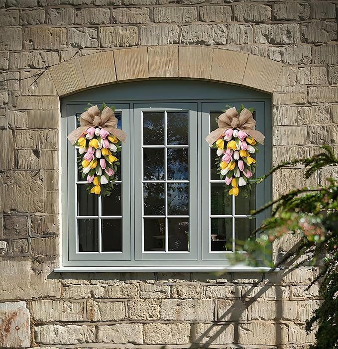 26" Artificial Tulips Teardrop Swag with Burlap Bow, Handmade Spring Easter Teardrop Wreath for Front Door & Porch Wall, Spring Easter Decor Decorative Swag