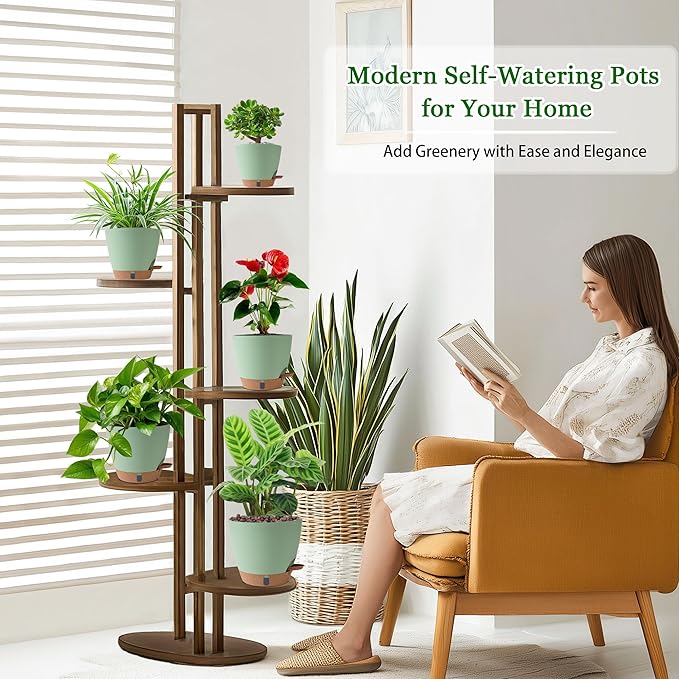 Fielda Self Watering Pots for Inoor Ourdoor Plants 8/7/6.5/6/5 Inch Plastic Planters with Drainage Holes & Water Level Indicator, Decorative House Flower Nursery Planting Pots with Saucers(Green)
