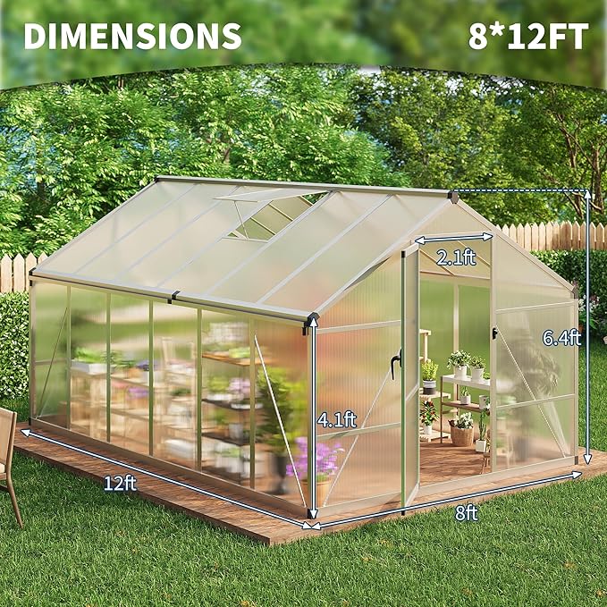 8X12 FT Greenhouse for Outdoors, Polycarbonate Flower Greenhouse with Roof Vent, Push-Pull Lockable Door, Aluminum Walk-in Greenhouses for Outside Garden Backyard, Patio, Lawn, Silver