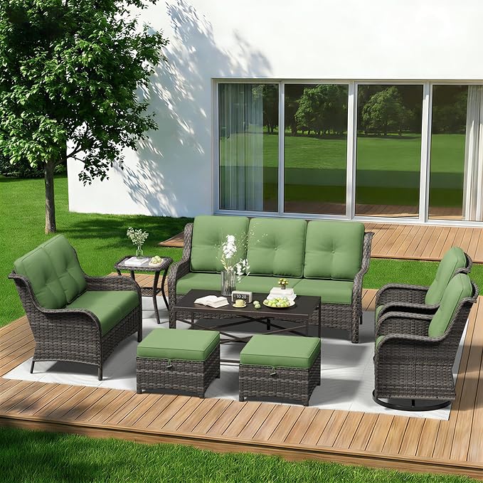 8 Piece Outdoor Wicker Patio Furniture Set, Outdoor Swivel Rocker Patio Chairs Set with Thickened Olefin Cushions, High Back and Deep Seating, Hand-Woven PE Rattan for Porch, Deck