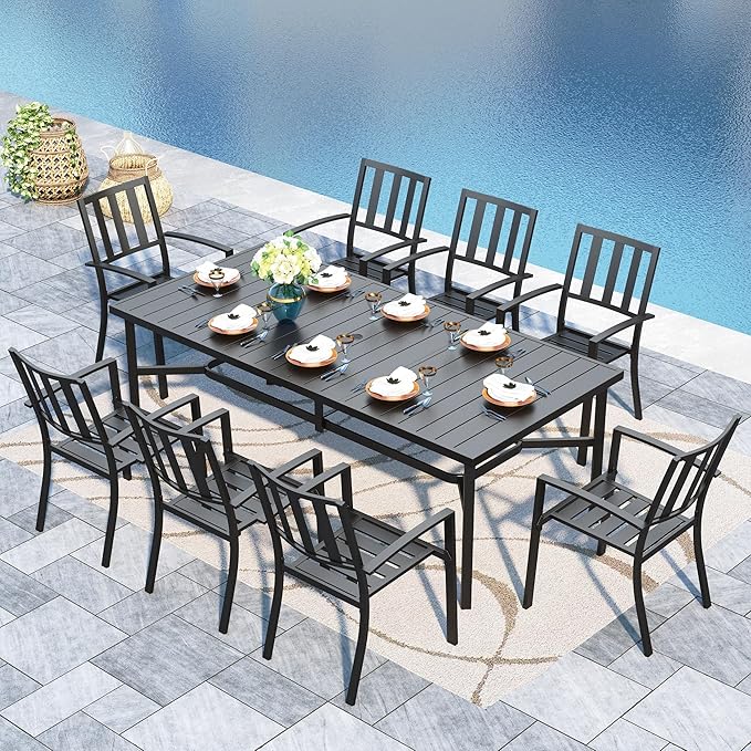 Sophia & William Patio Table and Chairs Set, Outdoor Dining Set for 8, 9 Piece Metal Patio Furniture, 82.7" Black Rectangular Table(Stripe)