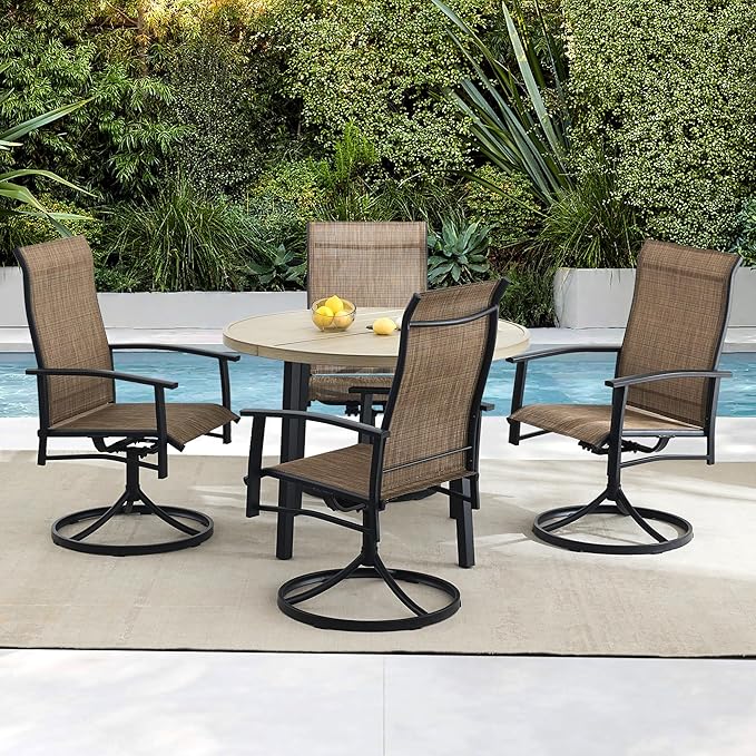 5 Pieces Outdoor Table and Chairs for 4, 42" Honey Oak Round Table with 4 Mocha Swivel Chairs, Patio Set with Swivel Chair, Garden Tables for Outdoor, Patio Dining Set for Lawn Backyard Poolside