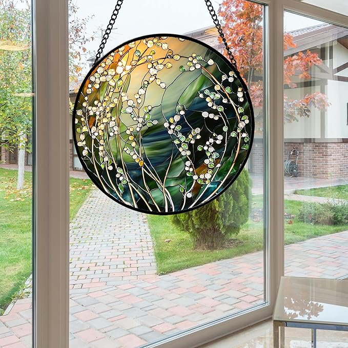 AMDERVEN Stained Glass Suncatcher, Yellow Green Gradient Flower Sun Catcher Plants Stain Glass Window Hanging Decoration Mother's Day Birthday Gifts for Women Men Mom and Nana 11.8 in