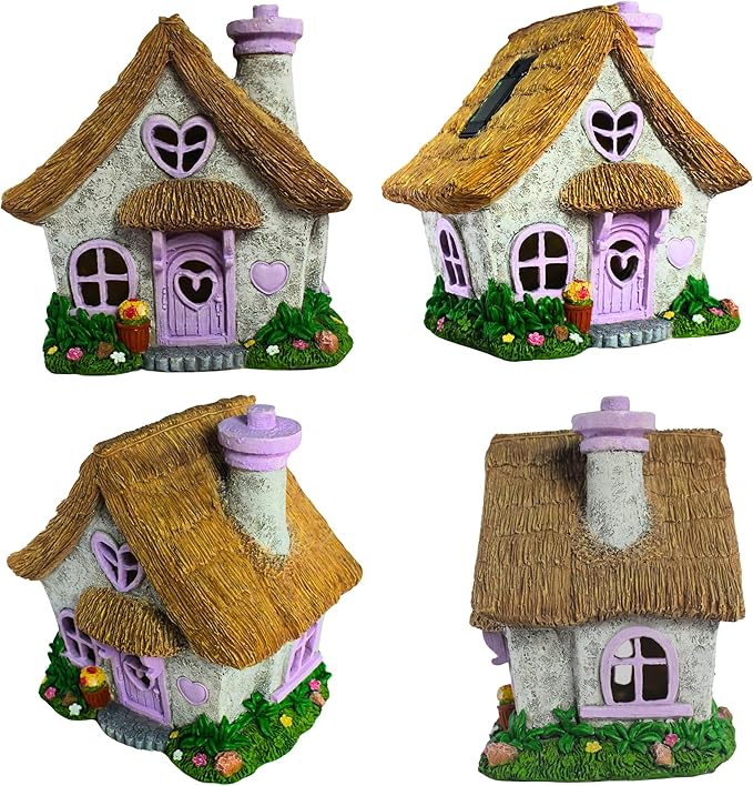PRETMANNS Fairy House for Outside with Solar Powered LED Lights for Garden - Fairy Garden Houses for Outdoor - Miniature Accessories for Cottage Decor for Village - 7.56” High, Lavender