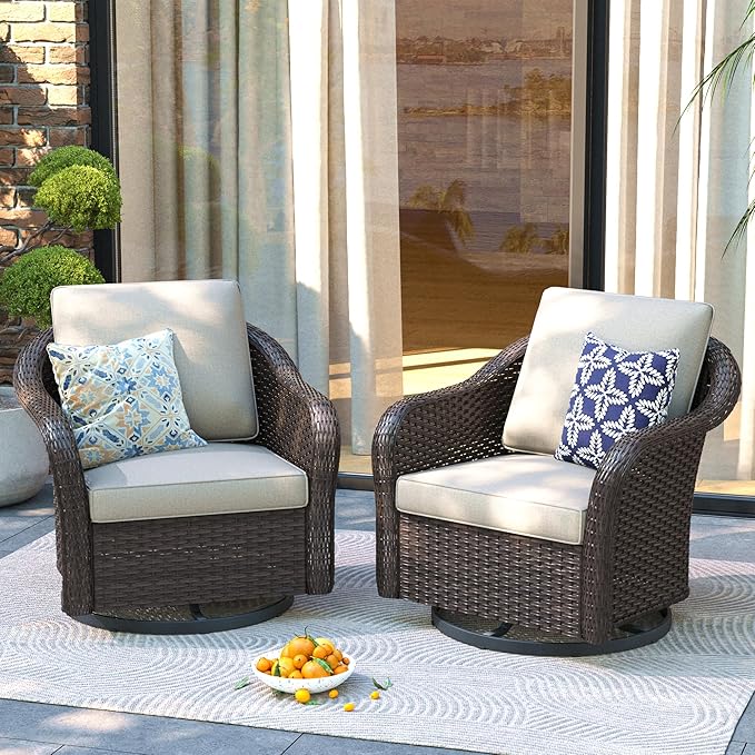 9 PCS Outdoor Conversation Set | 78" Couch, 2 Swivel Chairs, 2 Chairs, 4 Ottomans, Patio Wicker Conversation Furniture with Removable Cushions for Bistro, Deck, Sunroom (Beige)