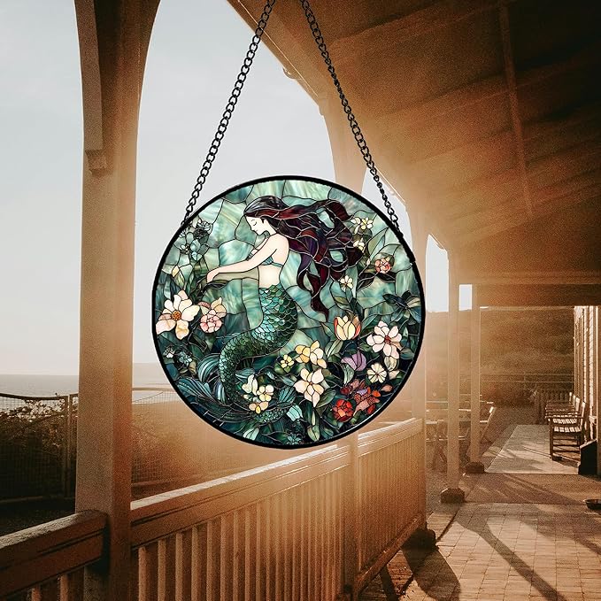 JOSUMALY Stained Glass Window Hanging - Teal Sleeping Mermaid Suncatcher for Door Terrace Garden Home Decor, Sea of Flowers Sun Catcher Birthday Gifts for Lovers Women Men Dad Mom Nana 7.8 in