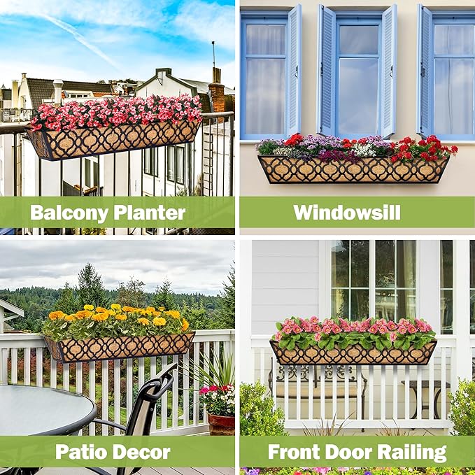 Y&M 6pcs 30 Inch Window Deck with Coco Liner, Fence Metal Hanging Flower Planter Window Basket Deck Railing Planter Boxes for Outdoor Garden Lawn,