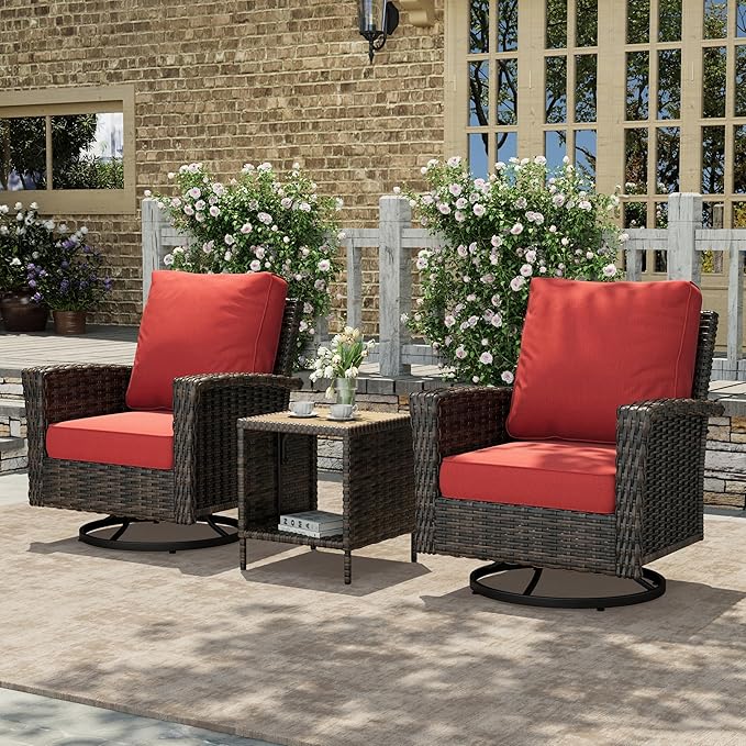HERA'S HOUSE 3-Piece Outdoor Patio Furniture, High Back Swivel Chairs Set of 2 with Rattan Table, Brown Wicker Conversation Bistro Set with 5.5” Thick Cushion for Deck Porch Balcony Garden Lawn, Red