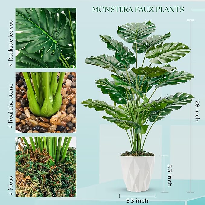 Der Rose 28" Tall Fake Plants Large Artificial Monstera Faux Potted Plants Indoor with White Pot for Home Office Living Room Decor