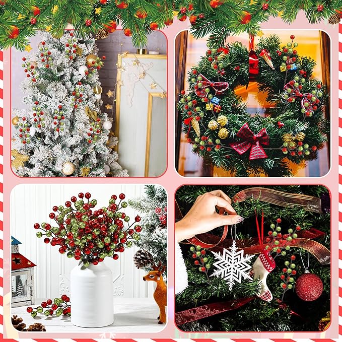 24 Pcs Christmas Glitter Berries Stems, 8.8" H Artificial Christmas Picks for Xmas Tree Ornaments, Holiday Wreath DIY Crafts, Xmas and Home Decor(Red, Green)