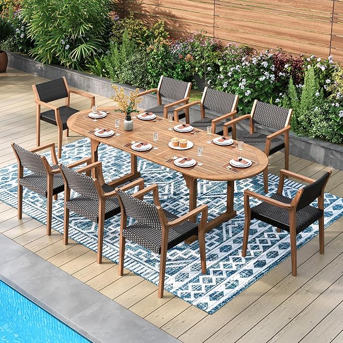PHI VILLA Outdoor Acacia Wood Chairs Set of 4, Heavy-Duty Dining Armchairs with Wicker Back & Seat, Farmhouse Style Teak Seating Furniture for Patio, Deck, Yard, Balcony, Garden