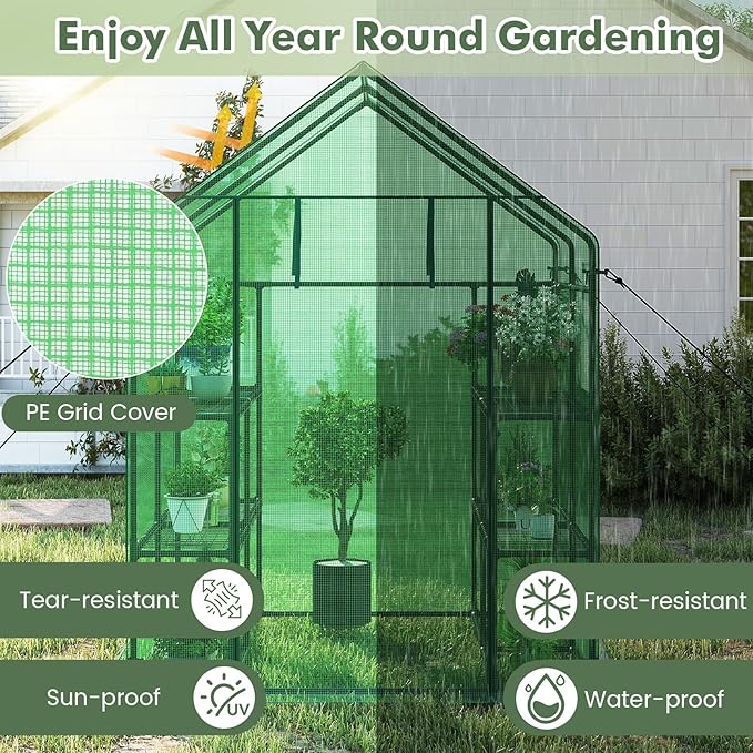 Happygrill Greenhouse for Outdoors, Portable Green House w/8 Shelves, Roll-Up Zippered Door, 2 Observation Windows & 2 Tiers, PE Cover, Wind Rope, Walk-in Greenhouse for Outside, 57”L x 57”W x 77”H