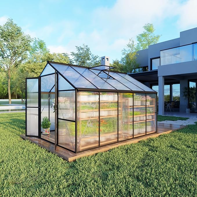 8X10 FT Greenhouses for Outdoors, Aluminum Large Polycarbonate Greenhouse, Quick Setup Walk in Green House with Roof Vent and Swing Lockable Door for Outside, Black (119" W x 96" D x 77" H)