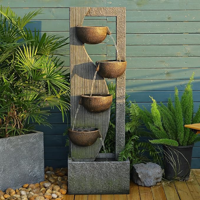 Garden Water Fountains Outdoor 5 Tiered Cascading Bowl Modern Waterfall Fountain with LED Lights, Natural Stones for Garden, Living Room, Patio, Yard Art Decor, 16.3" L * 10.8" W * 49.2" H