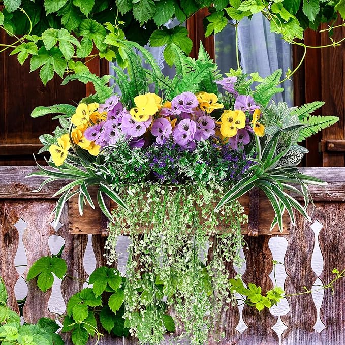 24 Pcs Outdoor Artificial Plants UV Resistant Faux Plant Fake Greenery Stems Faux Shrubs Flower for Outside Hanging Front Porch Patio Garden Window Box Home Wedding Summer Spring Decor(Green Purple)