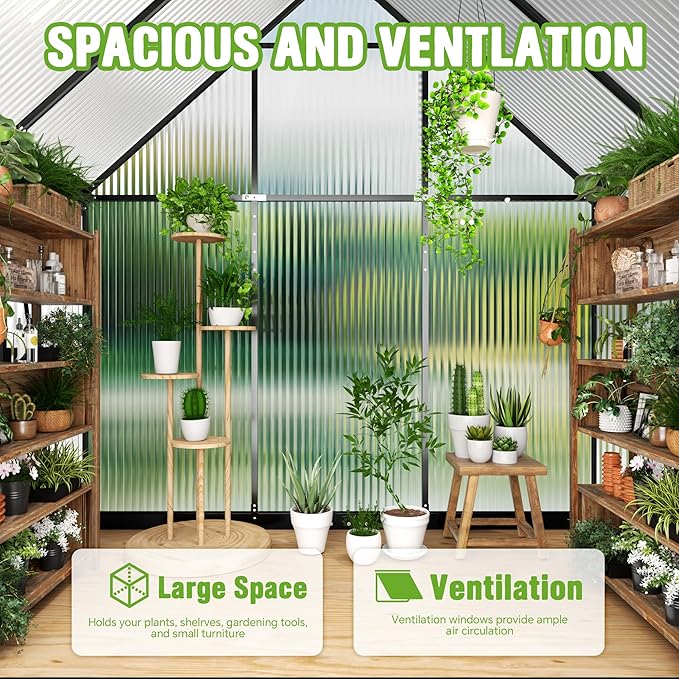 8x16FT Polycarbonate Green House with Roof Vent, Large Aluminum Frame Quick Setup Greenhouse, Walk in Green Houses Heavy Duty for Winter Outside Backyard Garden Patio (8x16FT)