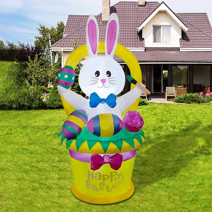 5 FT Easter Inflatable Outdoor Decoration, Inflatables Bunny with Basket and Eggs, Happy Easter Blow up Rabbit for Yard Lawn Garden Holiday Party