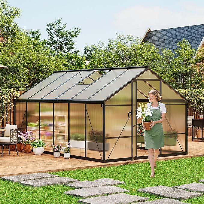 8X12FT Outdoor Greenhouse, Aluminum Polycarbonate House, Green Houses for Outside with Sliding Doors, Ajustable Roof Vent, Withstands Bad Weather for Garden, or Backyard, Black