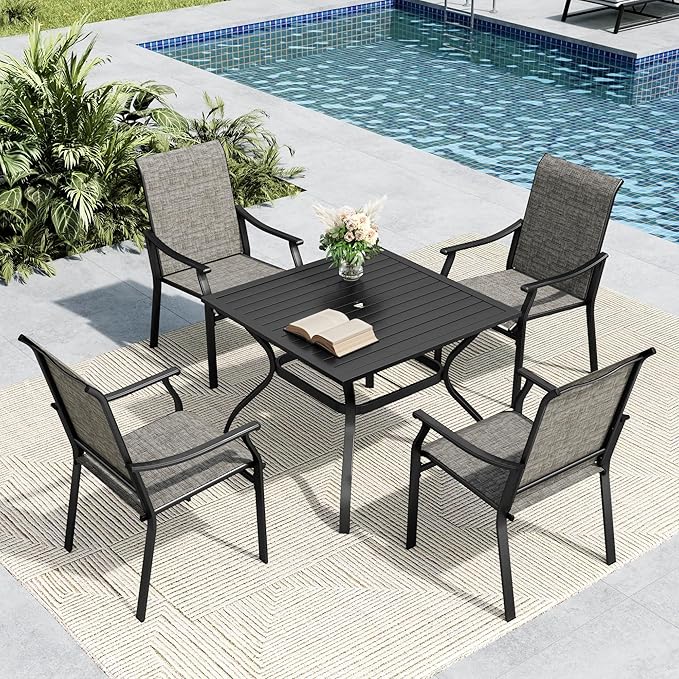 MFSTUDIO Patio Table and Chairs Set, 5 PCS Patio Dining Set with 4 Sling Dining Chairs and 1 Square Heavy Duty Metal Table for 4, All Weather Resistant Patio Dining Furniture, Grey