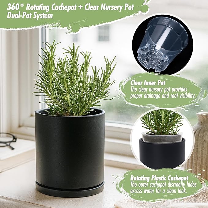 D'vine Dev Double-Layer Planter Set – Rotating Plastic Cachepot with Clear Inner Liner for Root Health, Perfect for Indoor Plants, 4.5", Black, 73-U-B-1
