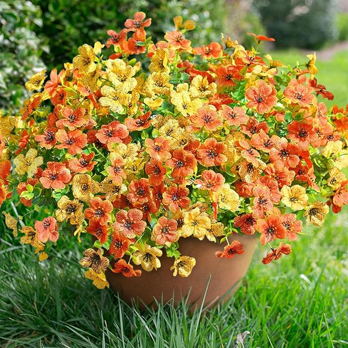 florisso Artificial Fall Flowers Fake Mums for Outdoor Autumn Decoration, 12 Bundles Faux Silk Orange Yellow Mums Daisy Look Real UV Resistant for Outside Home Porch Patio Planter