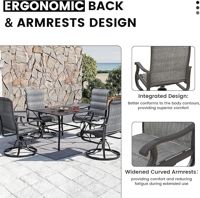 Patio Swivel Chairs Set of 6, Outdoor Dining Chairs with High Back, All-Weather Swivel Rocker Chair for Lawn, Porch or Garden (Padded Dark Grey)