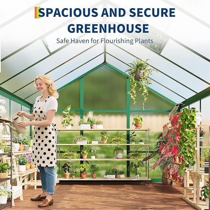 8X12FT Outdoor Greenhouse, Aluminum Polycarbonate House, Green Houses for Outside with Sliding Doors, Ajustable Roof Vent, Withstands Bad Weather for Garden, or Backyard, Green