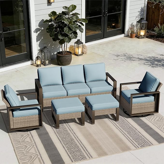 Outdoor Patio Swivel Rocker Chairs, 5 Pieces Wicker Furniture Set, 2 Swivel Rocking Chairs, 1 Sofa and 2 Ottoman, Metal Wide Armrest, Thick Cushions and Deep Seating for Garden, Backyard, Porch, Deck